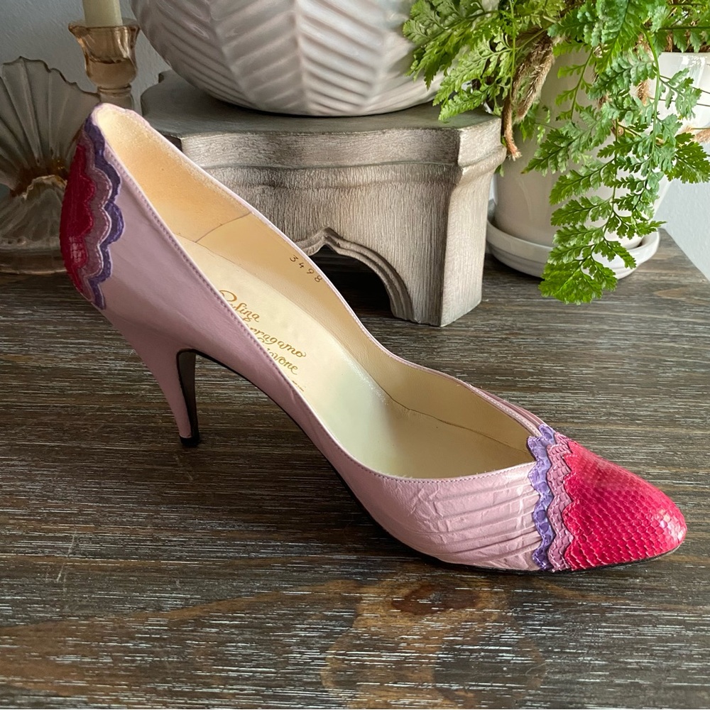 Rare Vintage Rosina Ferragamo Blush Raspberry Python Leather Designer Pumps 6.5N - Picture 9 of 16
